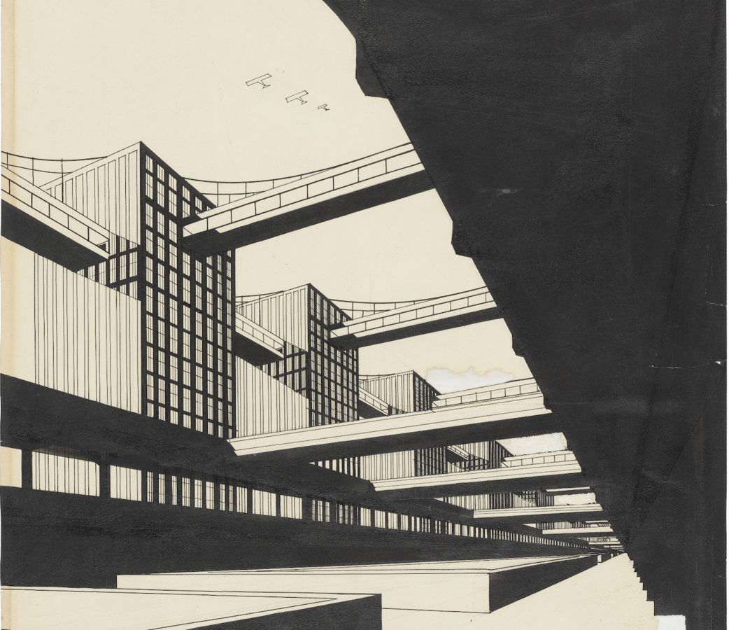 Sta. Jasinski, Projet d’immeubles-tours sur socles reliés par des passerelles, 1926.<br> © CIVA Collections