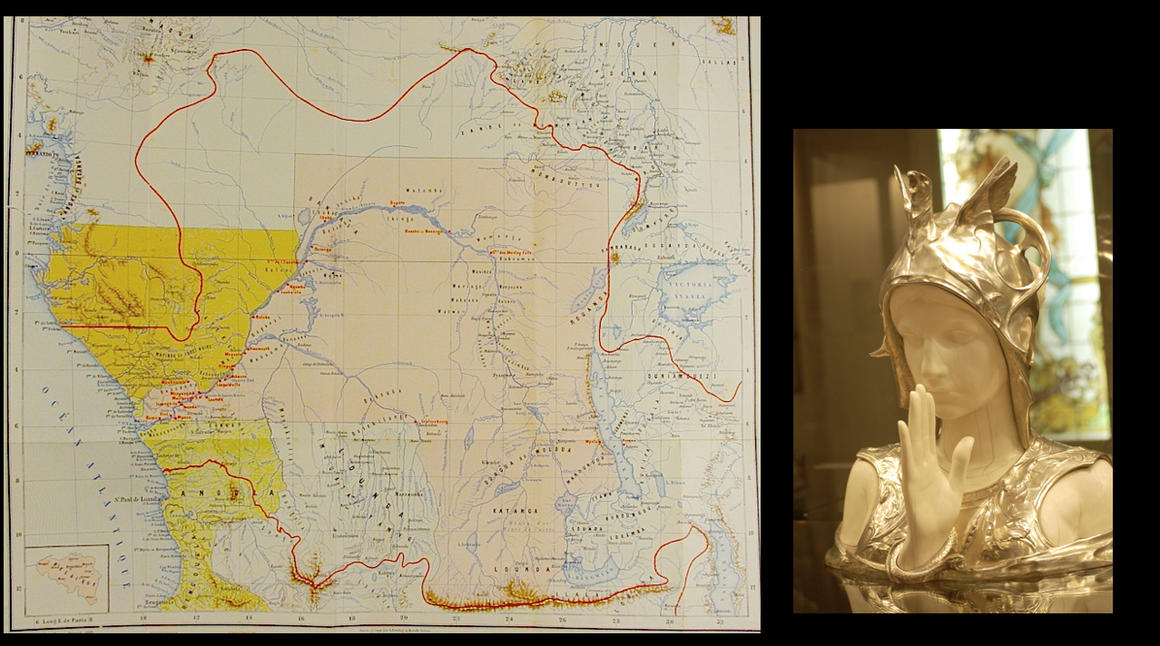 Links: kaart uitbreiding État Indépendant du Congo, 1895, Mouvement Geographique. Rechts: Charles Van der Stappen, Mysterious Sphinx, 1897<br> © Koninklijke Musea voor Kunst en Geschiedenis, Brussel 	