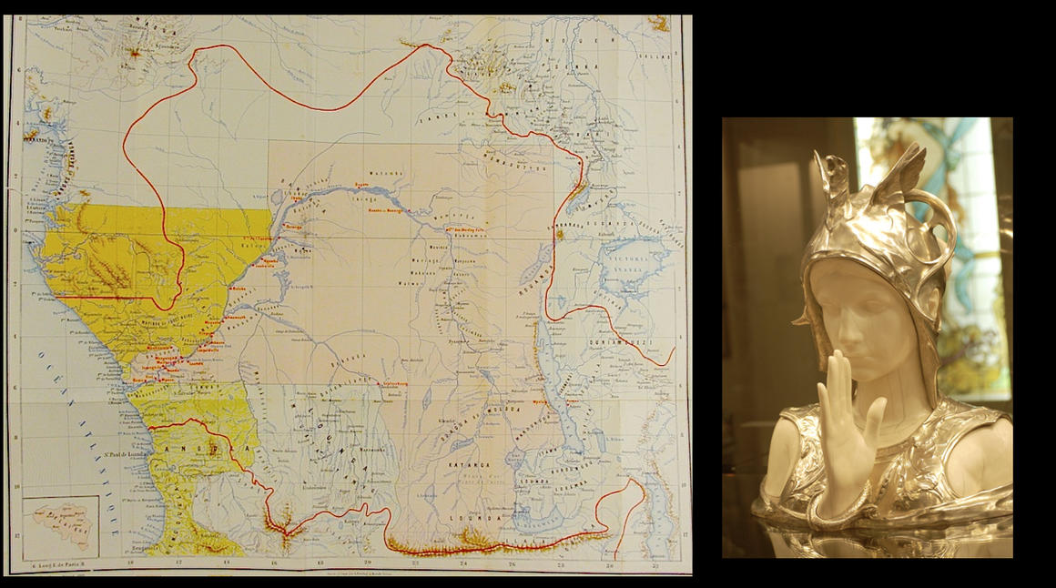 Image à gauche: Carte de l'expansion État Indépendant du Congo, 1895, Mouvement Geographique. Image à droite : Charles Van der Stappen, Mysterious Sphinx, 1897<br> © Koninklijke Musea voor Kunst en Geschiedenis, Brussel