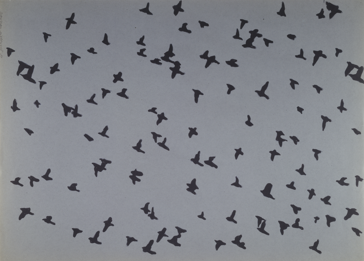 Superstudio, Laminato plastico serigrafato, Abet Print, 1969, Migrazione o Il volo. Black felt-tip pen on photographic print, light blue cardboard. Centre Pompidou, Mnam-CCI<br>