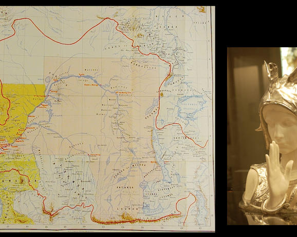 Links: kaart uitbreiding État Indépendant du Congo, 1895, Mouvement Geographique. Rechts: Charles Van der Stappen, Mysterious Sphinx, 1897