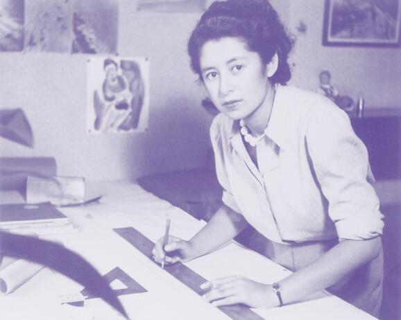 Simone Guillissen-Hoa at her work table, circa 1946